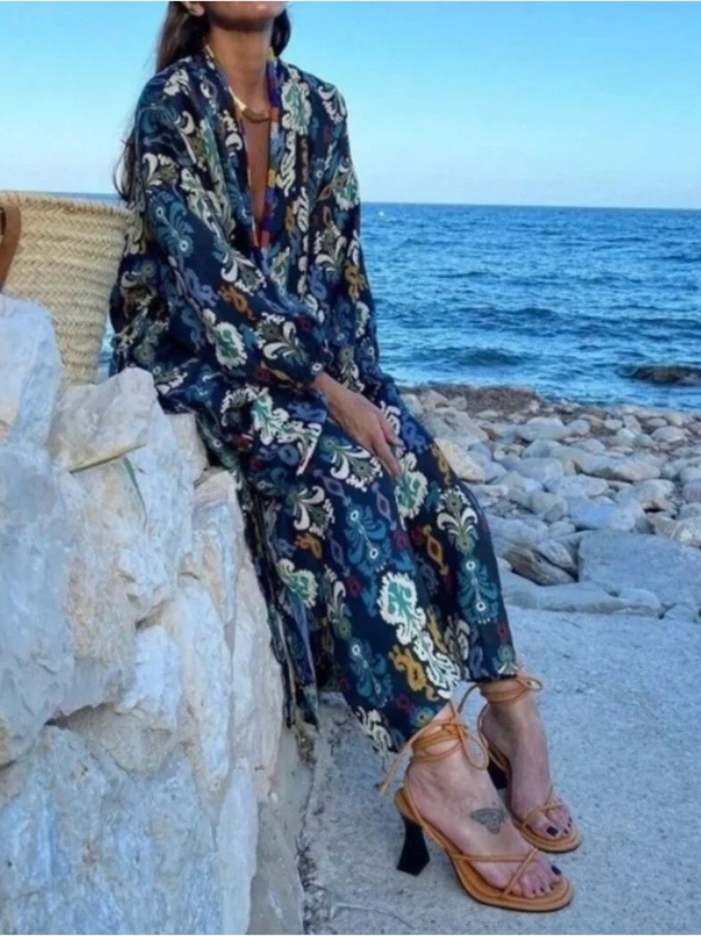 Zara Beaded Printed Kimono Jacket Dress Navy Blue Size L